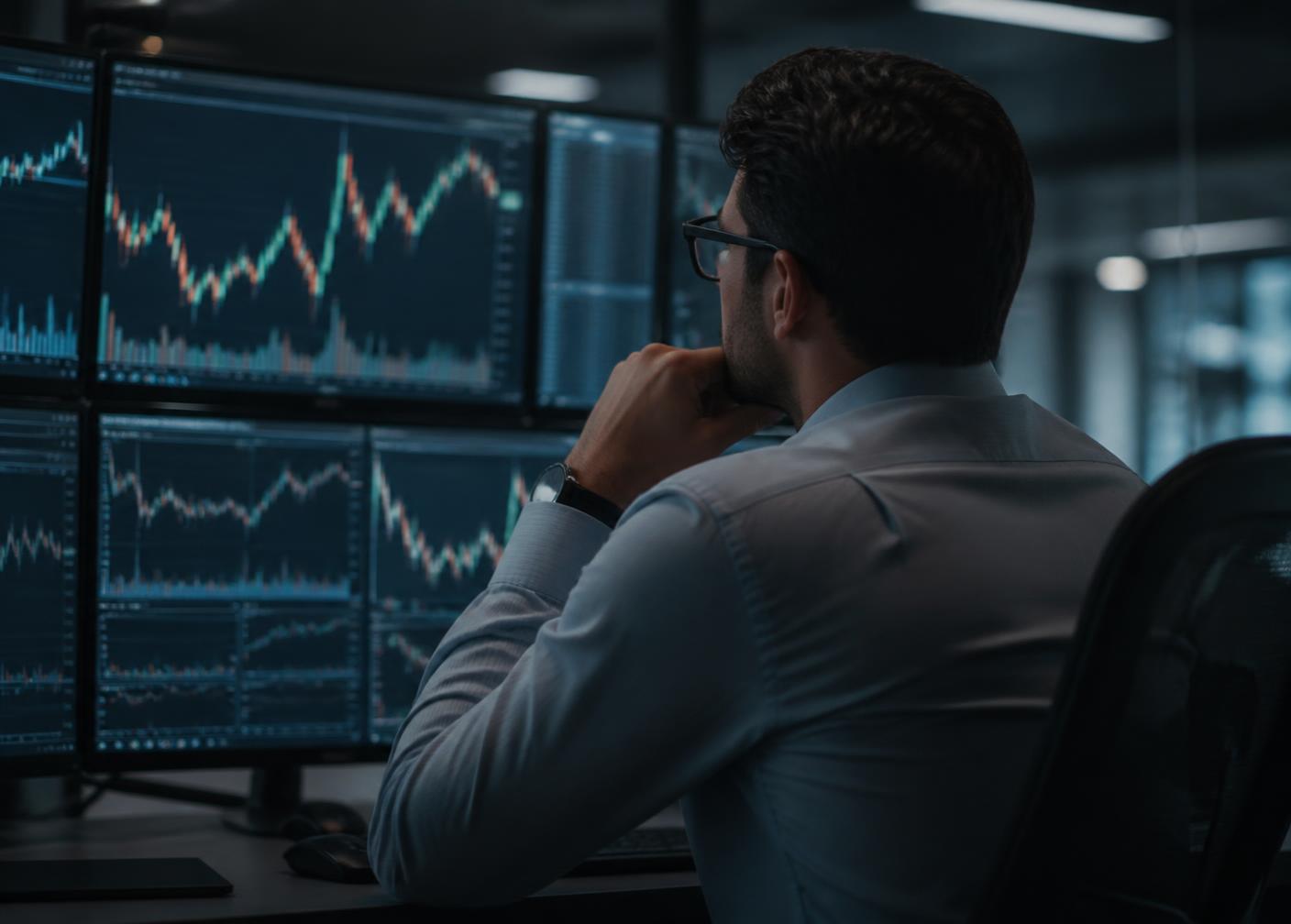 Traders reviewing structured financial-market information at a professional workstation